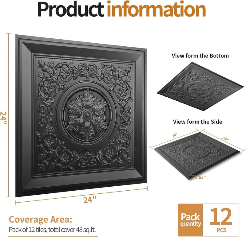 WOWSTAR 12-Pack 24"x24" Drop Ceiling Tiles, Waterproof Glue Up Vintage Style 3D Ceiling Tiles, Black - Image 5
